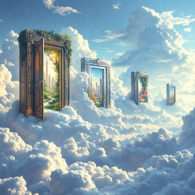 Primary subject: Artwork
Setting/background: Clouds
Visual style: Digital art
Colors and mood: White, blue, and pink